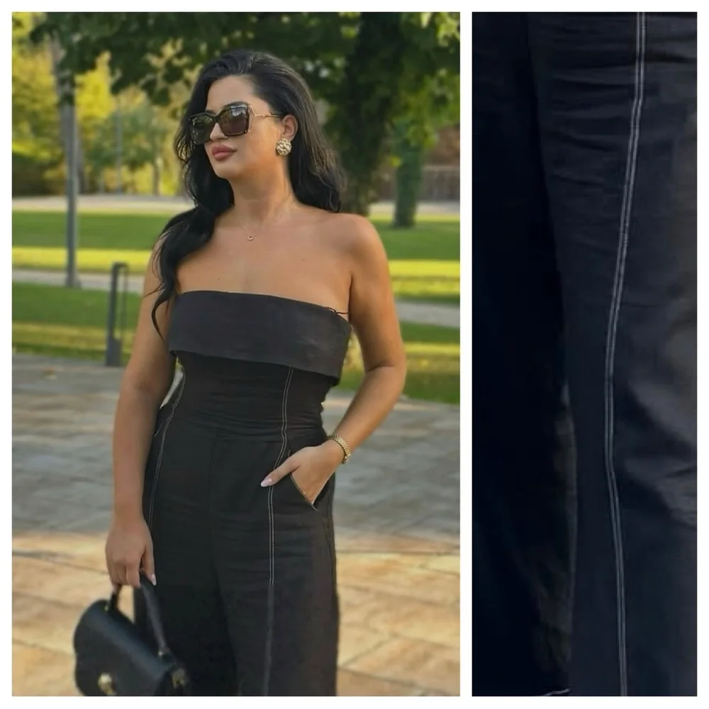 NWT. Zara Black Linen Blend Strapless Long Jumpsuit. Size M.